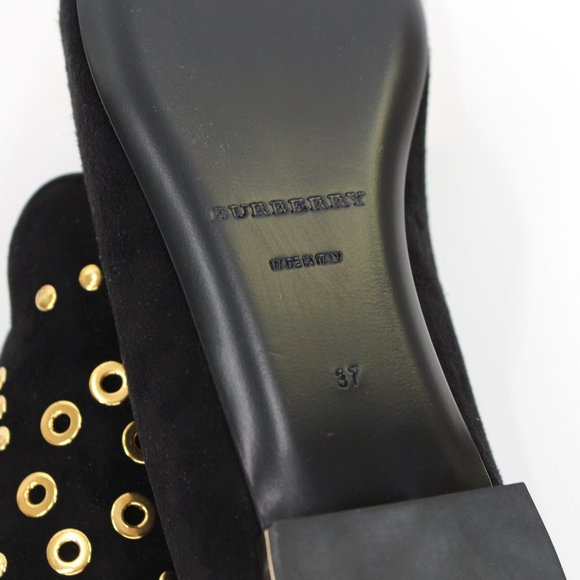 Burberry Black Suede Runway Link Loafer Mormont Gold Eyelets Slip On Flat 37 NEW - Picture 8 of 8